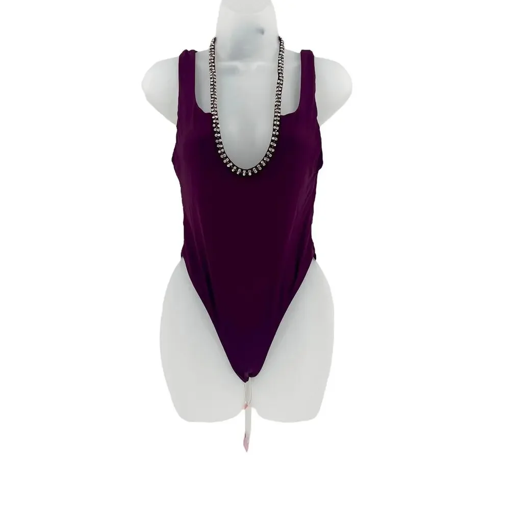 OCEANUS One Piece Swimsuit Maroon Rhinestone Embellished Tie Neck Stretch XL NEW
